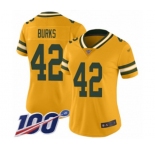 Women's Green Bay Packers #42 Oren Burks Limited Gold Inverted Legend 100th Season Football Jersey