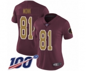 Women's Washington Redskins #81 Art Monk Burgundy Red Gold Number Alternate 80TH Anniversary Vapor Untouchable Limited Player 100th Season Football Jersey