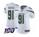 Women's New York Jets #91 Bronson Kaufusi White Vapor Untouchable Limited Player 100th Season Football Jersey