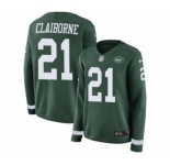 Women's Nike New York Jets #21 Morris Claiborne Limited Green Therma Long Sleeve NFL Jersey
