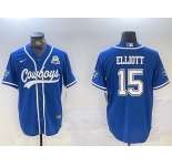Men's Dallas Cowboys #15 Ezekiel Elliott Light Blue With 1960 Patch Cool Base Stitched Baseball Jersey