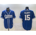 Men's Dallas Cowboys #15 Ezekiel Elliott Royal With Patch Cool Base Stitched Baseball Jersey