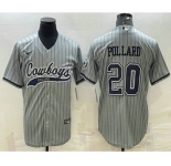 Men's Dallas Cowboys #20 Tony Pollard Grey Pinstripe With Patch Cool Base Stitched Baseball Jersey