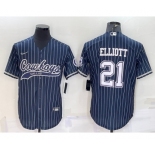Men's Dallas Cowboys #21 Ezekiel Elliott Navy Blue Pinstripe With Patch Cool Base Stitched Baseball Jersey