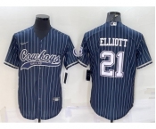 Men's Dallas Cowboys #21 Ezekiel Elliott Navy Blue Pinstripe With Patch Cool Base Stitched Baseball Jersey