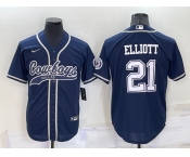Men's Dallas Cowboys #21 Ezekiel Elliott Navy Blue Stitched Cool Base Nike Baseball Jersey