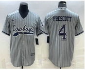 Men's Dallas Cowboys #4 Dak Prescott Grey Pinstripe With Patch Cool Base Stitched Baseball Jersey