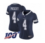 Women's Dallas Cowboys #4 Dak Prescott Navy Blue Team Color Vapor Untouchable Limited Player 100th Season Football Jersey