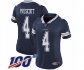 Women's Dallas Cowboys #4 Dak Prescott Navy Blue Team Color Vapor Untouchable Limited Player 100th Season Football Jersey
