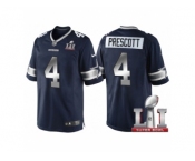 Youth Dallas Cowboys #4 Dak Prescott Navy Blue 2017 Super Bowl 51 Patch Steel Silver Limited Jersey