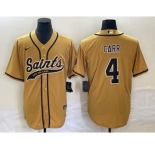 Men's New Orleans Saints #4 Derek Carr Gold With Patch Cool Base Stitched Baseball Jersey