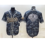 Men's New Orleans Saints Blank Grey Navy Team Big Logo With Patch Cool Base Stitched Baseball Jersey