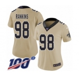 Women's New Orleans Saints #98 Sheldon Rankins Limited Gold Inverted Legend 100th Season Football Jersey