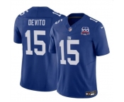 Men's New York Giants #15 Tommy DeVito Blue 2024 F.U.S.E. 100TH Season Patch Vapor Untouchable Limited Stitched Jersey