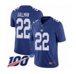 Men's New York Giants #22 Wayne Gallman Royal Blue Team Color Vapor Untouchable Limited Player 100th Season Football Jersey