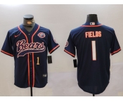 Men's Chicago Bears #1 Justin Fields Navy Throwback With Patch Cool Base Stitched Baseball Jerseys