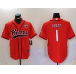 Men's Chicago Bears #1 Justin Fields Orange Throwback With Patch Cool Base Stitched Baseball Jersey