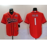 Men's Chicago Bears #1 Justin Fields Orange Throwback With Patch Cool Base Stitched Baseball Jerseys