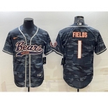 Men's Chicago Bears Blank #1 Justin Fields Grey Camo With Patch Cool Base Stitched Baseball Jersey