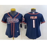 Women's Chicago Bears #1 Justin Fields Navy With Patch Cool Base Stitched Baseball Jersey