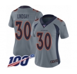 Women's Denver Broncos #30 Phillip Lindsay Limited Silver Inverted Legend 100th Season Football Jersey