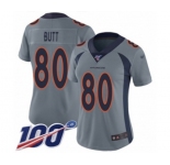 Women's Denver Broncos #80 Jake Butt Limited Silver Inverted Legend 100th Season Football Jersey