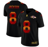 Baltimore Ravens #8 Lamar Jackson Men's Black Nike Red Orange Stripe Vapor Limited NFL Jersey