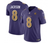 Men Baltimore Ravens #8 Lamar Jackson Purple 2023 F U S E With John Madden Patch Color Rush Limited Stitched Football Jersey