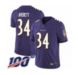 Men's Baltimore Ravens #34 Anthony Averett Purple Team Color Vapor Untouchable Limited Player 100th Season Football Jersey