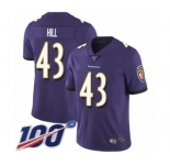 Men's Baltimore Ravens #43 Justice Hill Purple Team Color Vapor Untouchable Limited Player 100th Season Football Jersey