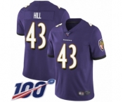 Men's Baltimore Ravens #43 Justice Hill Purple Team Color Vapor Untouchable Limited Player 100th Season Football Jersey