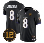 Men's Baltimore Ravens #8 Lamar Jackson Black 2025 F.U.S.E Jacoby Jones Patch Vapor Limited Football Jersey