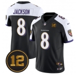 Men's Baltimore Ravens #8 Lamar Jackson Black Alternate 2025 F.U.S.E Jacoby Jones Patch Vapor Limited Football Jersey