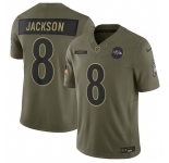 Men's Baltimore Ravens #8 Lamar Jackson Olive 2025 Salute to Service Limited Football Stitched Jersey