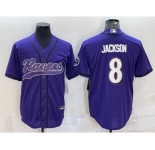 Men's Baltimore Ravens #8 Lamar Jackson Purple With Patch Cool Base Stitched Baseball Jersey