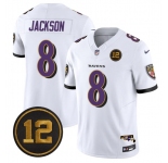Men's Baltimore Ravens #8 Lamar Jackson White 2025 F.U.S.E Jacoby Jones Patch Vapor Limited Football Jersey