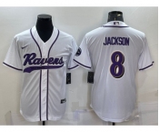 Men's Baltimore Ravens #8 Lamar Jackson White With Patch Cool Base Stitched Baseball Jersey