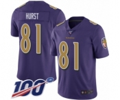Men's Baltimore Ravens #81 Hayden Hurst Limited Purple Rush Vapor Untouchable 100th Season Football Jersey