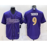 Men's Baltimore Ravens #9 Justin Tucker Purple Gold With Patch Cool Base Stitched Baseball Jersey