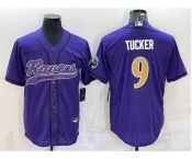 Men's Baltimore Ravens #9 Justin Tucker Purple Gold With Patch Cool Base Stitched Baseball Jersey