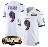 Men's Baltimore Ravens #9 Justin Tucker White 2023 F.U.S.E. AFC North Champions Vapor Limited Football Stitched Jersey