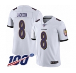 Men's Nike Baltimore Ravens #8 Lamar Jackson White Vapor Untouchable Limited Player 100th Season NFL Jersey