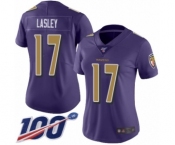 Women's Baltimore Ravens #17 Jordan Lasley Limited Purple Rush Vapor Untouchable 100th Season Football Jersey