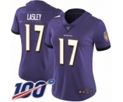 Women's Baltimore Ravens #17 Jordan Lasley Purple Team Color Vapor Untouchable Limited Player 100th Season Football Jersey