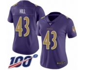 Women's Baltimore Ravens #43 Justice Hill Limited Purple Rush Vapor Untouchable 100th Season Football Jersey
