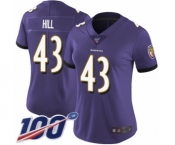 Women's Baltimore Ravens #43 Justice Hill Purple Team Color Vapor Untouchable Limited Player 100th Season Football Jersey