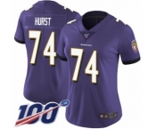 Women's Baltimore Ravens #74 James Hurst Purple Team Color Vapor Untouchable Limited Player 100th Season Football Jersey