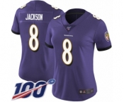 Women's Baltimore Ravens #8 Lamar Jackson Purple Team Color Vapor Untouchable Limited Player 100th Season Football Jersey