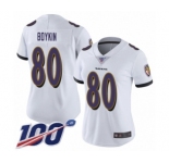Women's Baltimore Ravens #80 Miles Boykin White Vapor Untouchable Limited Player 100th Season Football Jersey
