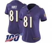 Women's Baltimore Ravens #81 Hayden Hurst Purple Team Color Vapor Untouchable Limited Player 100th Season Football Jersey